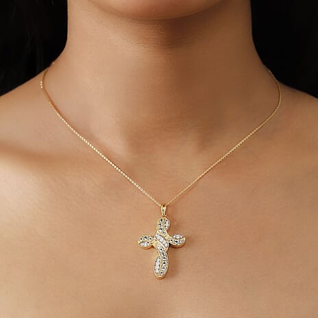 Skyblue Topaz & Moissanite Pendant with Chain (Size - 20) in 18K Vermeil Yellow Gold Plated Sterling Silver 1.46 Ct.