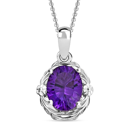 Concave Cut Zambian Amethyst Pendant with Chain (Size 20) in Rhodium Overlay Sterling Silver 1.790  Ct.