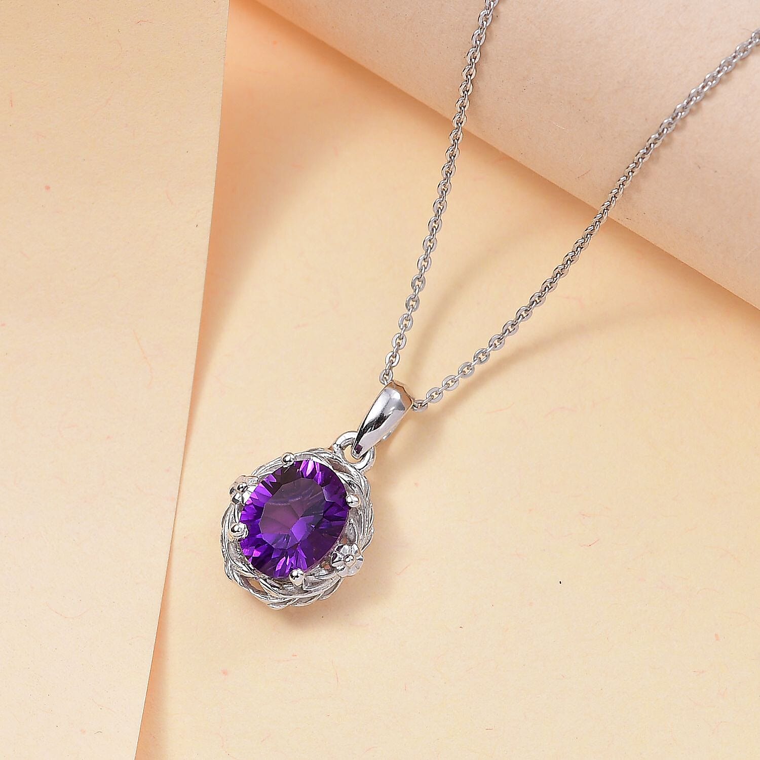 Concave Cut Zambian Amethyst Pendant with Chain (Size 20) in Rhodium Overlay Sterling Silver 1.79 Ct.