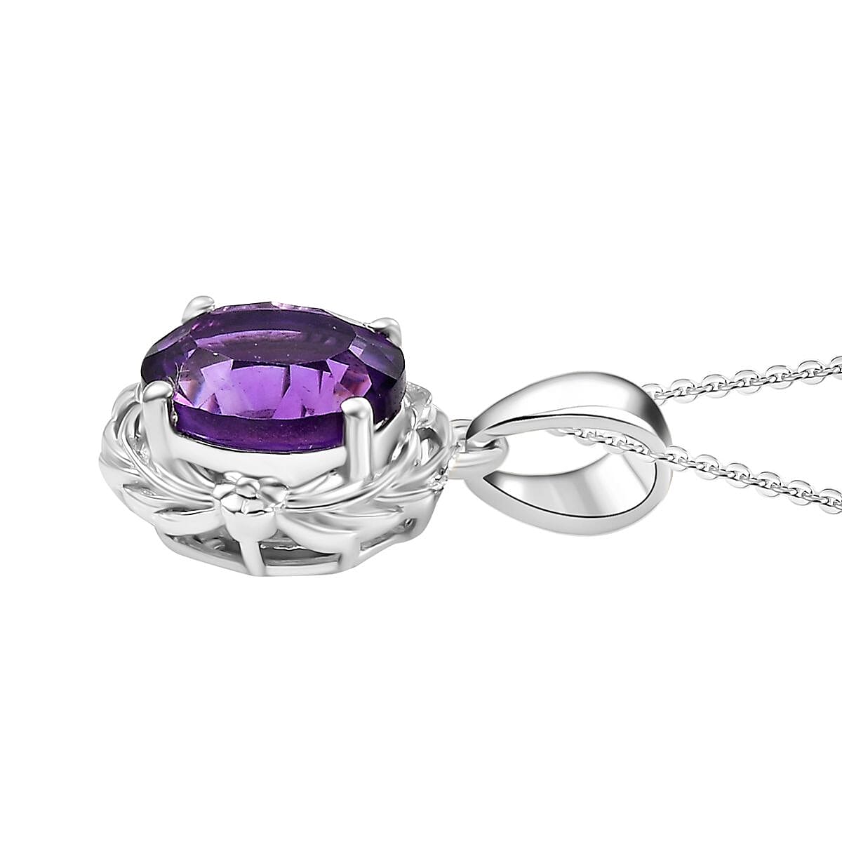 Concave Cut Zambian Amethyst Pendant with Chain (Size 20) in Rhodium Overlay Sterling Silver 1.79 Ct.