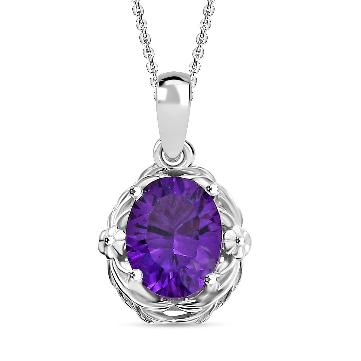 Concave Cut Zambian Amethyst Pendant with Chain (Size 20) in Rhodium Overlay Sterling Silver 1.79 Ct.
