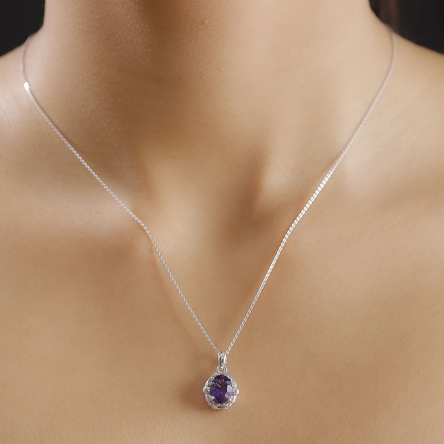 Concave Cut Zambian Amethyst Pendant with Chain (Size 20) in Rhodium Overlay Sterling Silver 1.79 Ct.