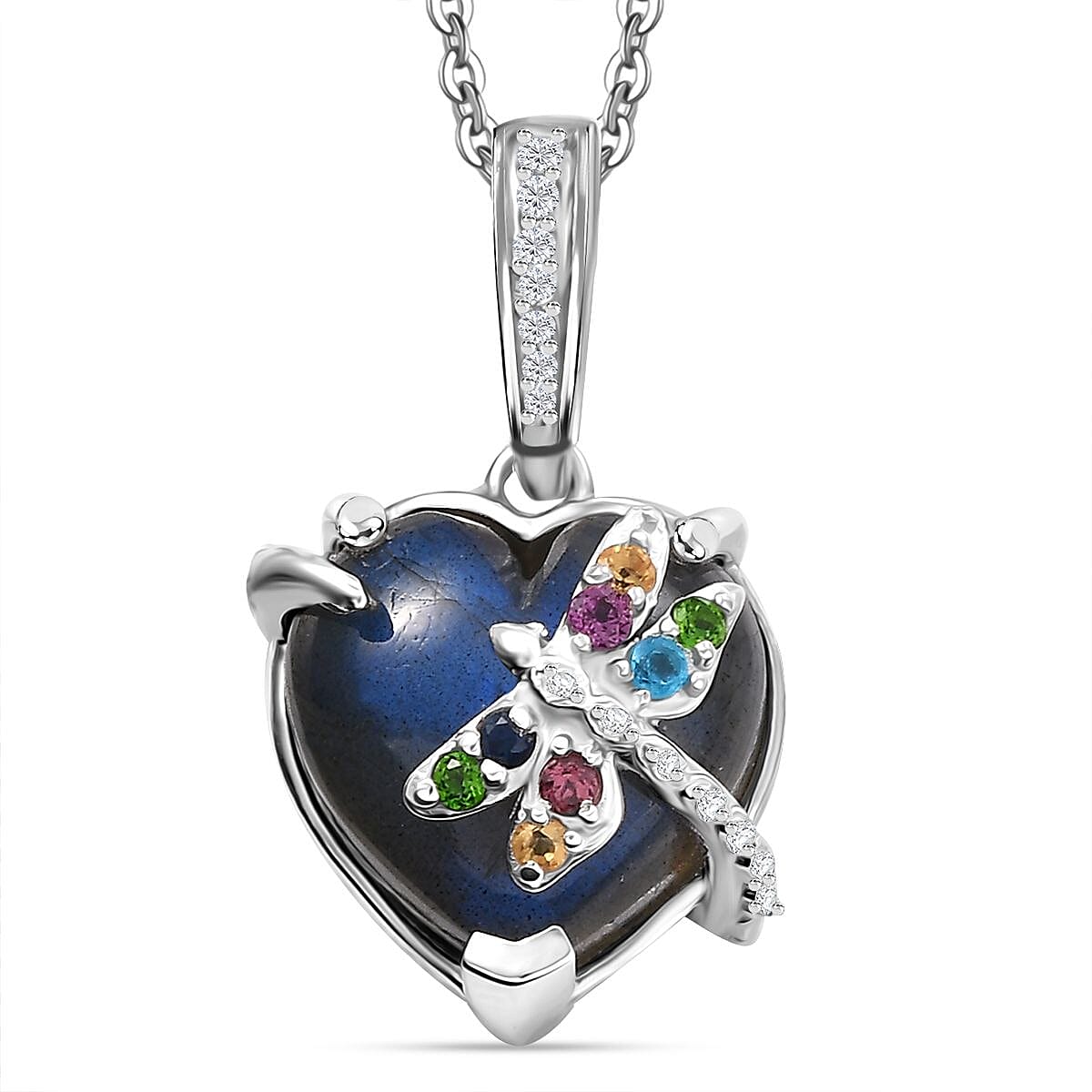 GP Italian Garden Collection - Labradorite & Multi Gemstones Pendant with Chain (Size 20) in Rhodium Overlay Sterling Silver 9.33 Ct.