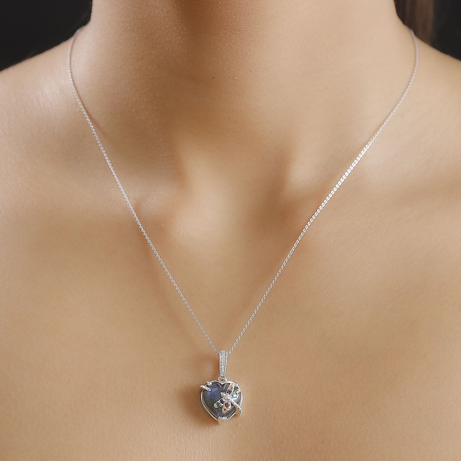 GP Italian Garden Collection - Labradorite & Multi Gemstones Pendant with Chain (Size 20) in Rhodium Overlay Sterling Silver 9.33 Ct.