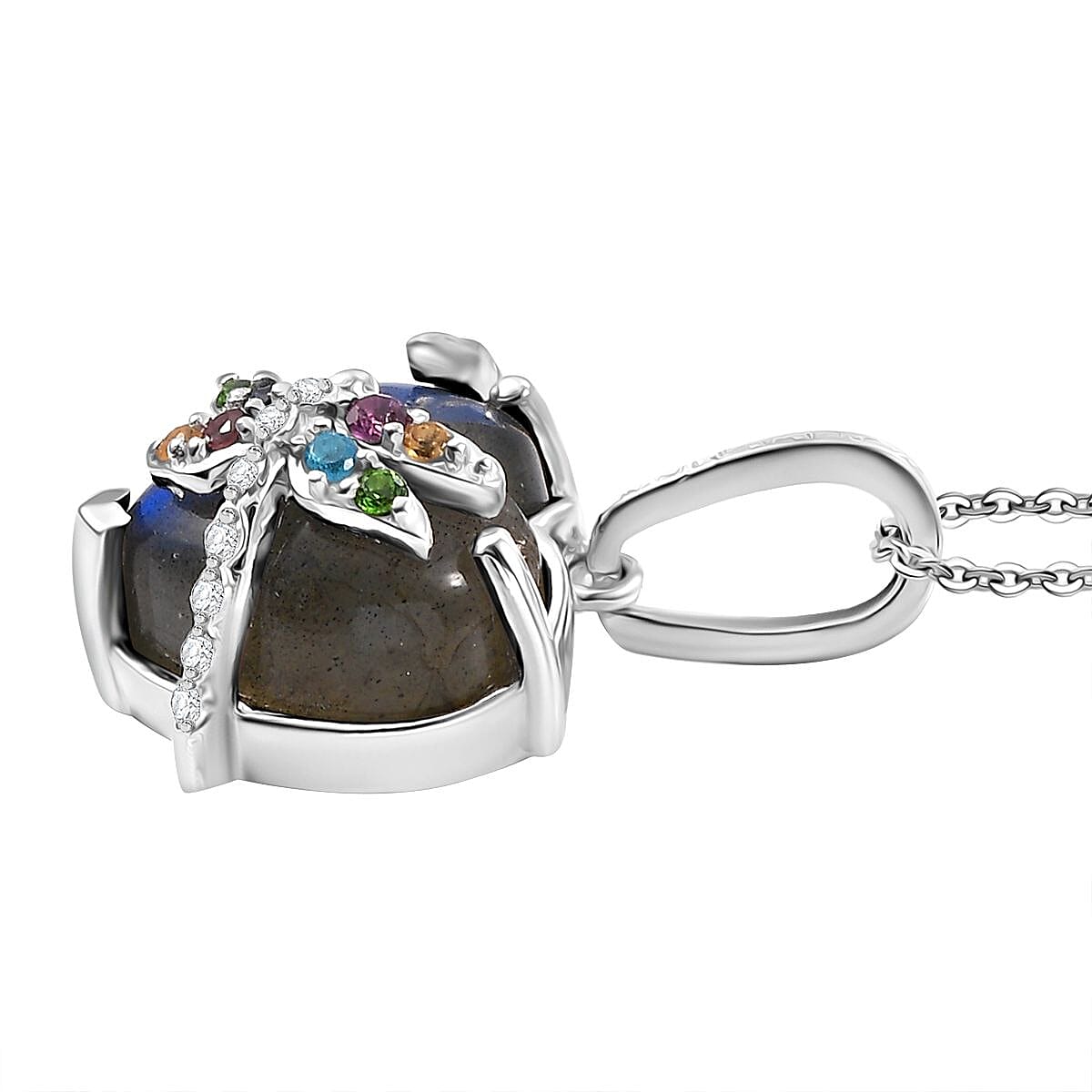 GP Italian Garden Collection - Labradorite & Multi Gemstones Pendant with Chain (Size 20) in Rhodium Overlay Sterling Silver 9.33 Ct.
