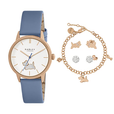 Ladies Radley Watch Set with Charm Bracelet, Scottie Dog and Crystal Earring Studs With Push Back - Blue