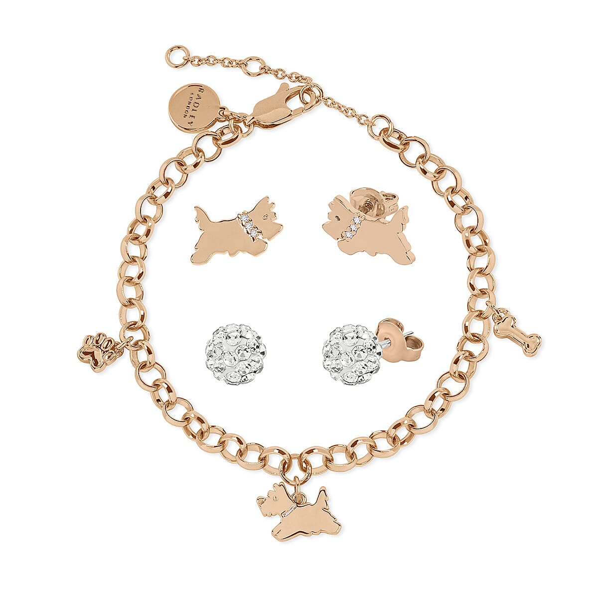 Ladies Radley Watch Set with Charm Bracelet, Scottie Dog and Crystal Earring Studs With Push Back - Blue