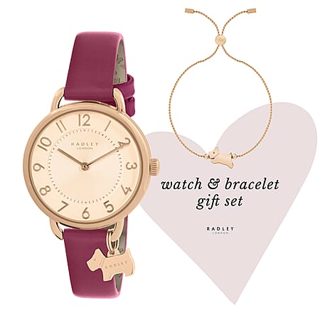 Ladies Radley Watch Set with 18ct Rose Gold Plated Fine Twist Slider Bracelet (Size 7.5 Adjustable) Water Resistant - Red