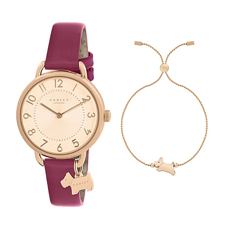 Ladies Radley Watch Set with 18ct Rose Gold Plated Fine Twist Slider Bracelet (Size 7.5 Adjustable) Water Resistant - Red