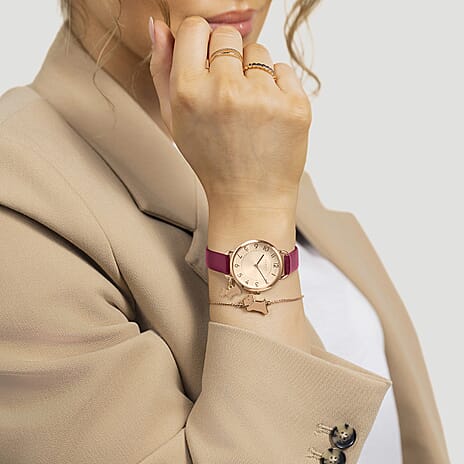 Ladies Radley Watch Set with 18ct Rose Gold Plated Fine Twist Slider Bracelet (Size 7.5 Adjustable) Water Resistant - Red