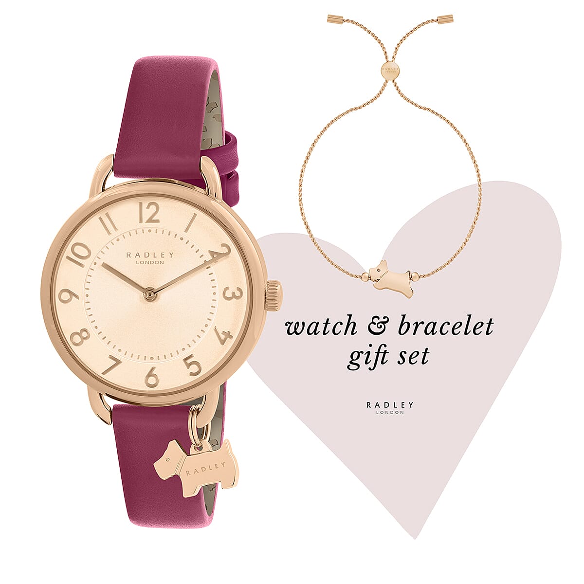 Ladies Radley Watch Set with 18ct Rose Gold Plated Fine Twist Slider Bracelet (Size 7.5 Adjustable) Water Resistant - Pink
