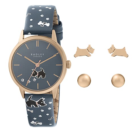 Ladies Radley Watch-Leather Strap with Scottie Dog and Round Earring Studs With Push Back - Wate Resistant - Blue
