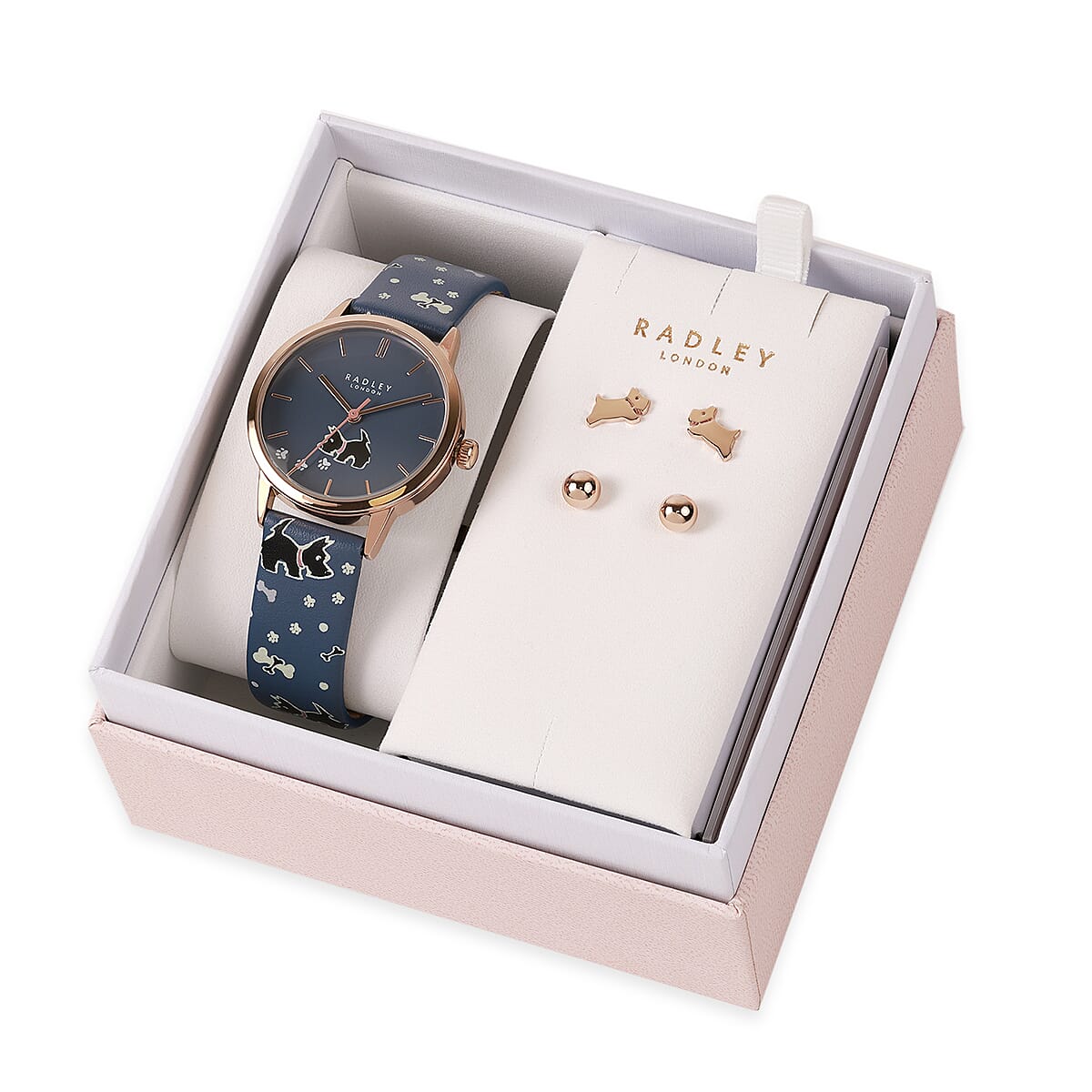 Radley Mackay Road Quartz Movt. 3ATM WR Womens Watch with Blue Leather Strap and Dog - Studs Earrings Set Radley Mackay Road Quartz Movt. 3ATM WR Womens Watch with Blue Leather Strap and Dog - Studs Earrings Set