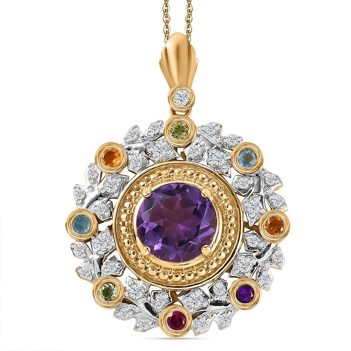 GP Italian Garden Collection - African Amethyst, Citrine, Peridot & Multi Gemstone Pendant with Chain (Size - 20) in 18K Vermeil Yellow Gold Sterling Silver 2.48 Ct.  Silver Wt. 7.24 Gms.