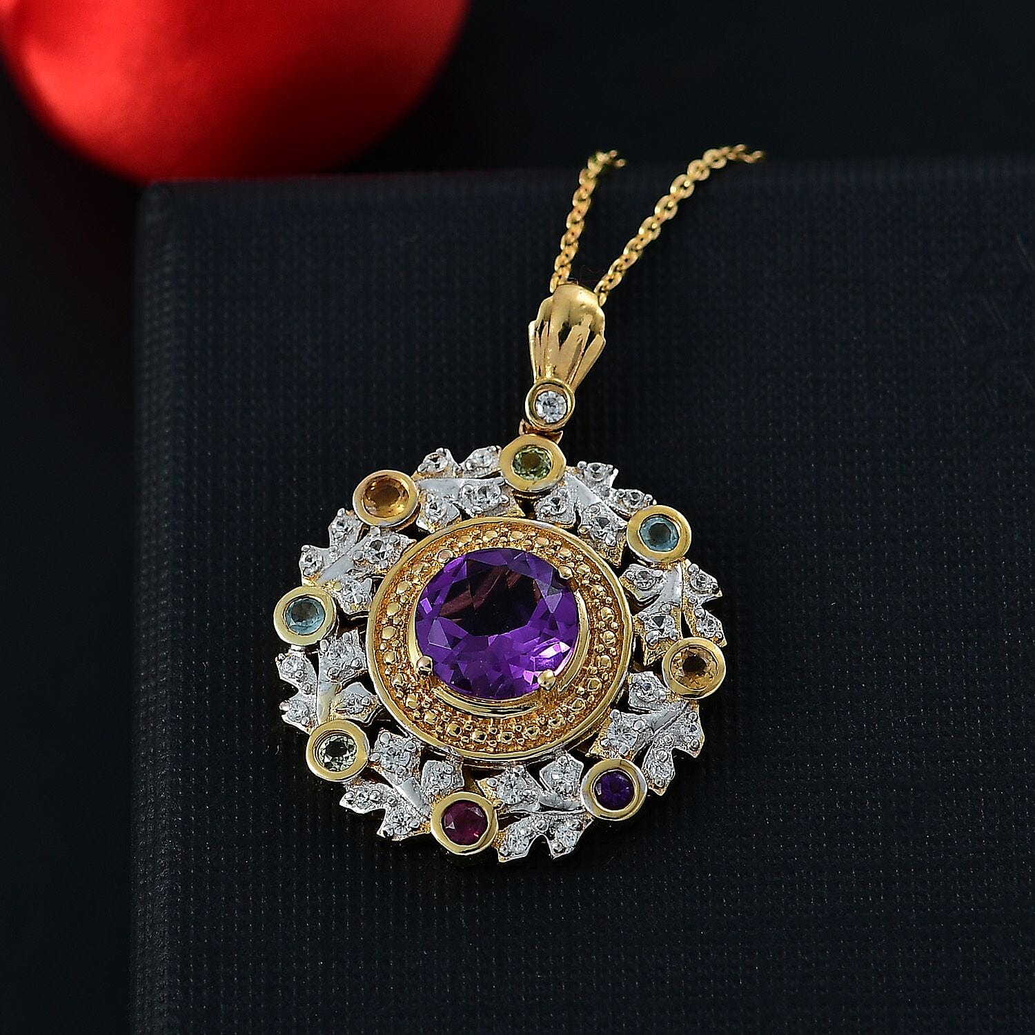 GP Italian Garden Collection - African Amethyst, Citrine, Peridot & Multi Gemstone Pendant with Chain (Size - 20) in 18K Vermeil Yellow Gold Sterling Silver 2.48 Ct.  Silver Wt. 7.24 Gms.