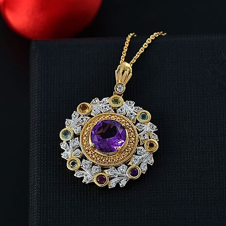 GP Italian Garden Collection - African Amethyst, Citrine, Peridot & Multi Gemstone Pendant with Chain (Size - 20) in 18K Vermeil Yellow Gold Sterling Silver 2.48 Ct.  Silver Wt. 7.24 Gms.