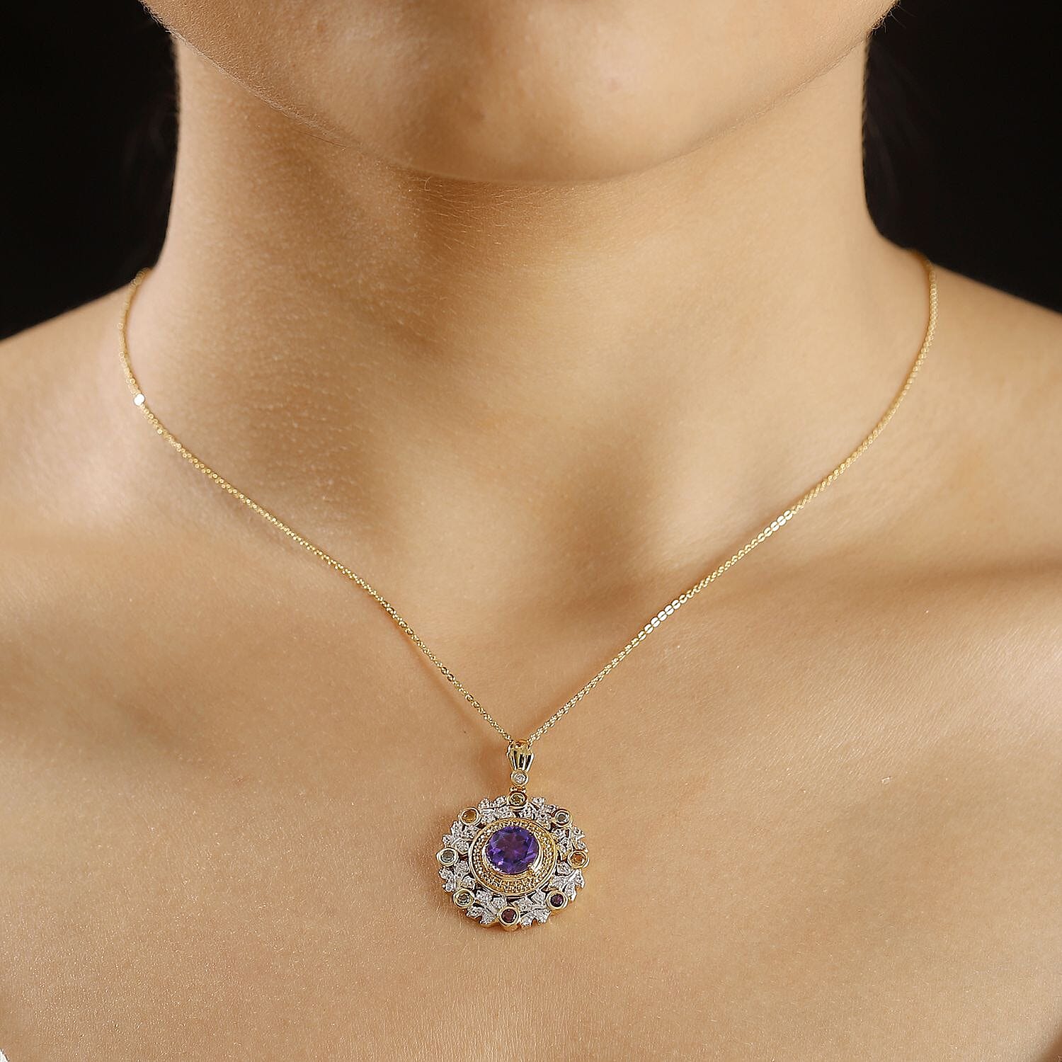 GP Italian Garden Collection - African Amethyst, Citrine, Peridot & Multi Gemstone Pendant with Chain (Size - 20) in 18K Vermeil Yellow Gold Sterling Silver 2.48 Ct.  Silver Wt. 7.24 Gms.
