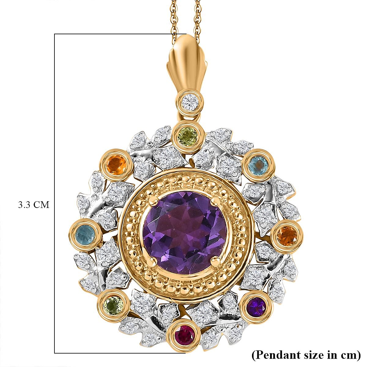 GP Italian Garden Collection - African Amethyst, Citrine, Peridot & Multi Gemstone Pendant with Chain (Size - 20) in 18K Vermeil Yellow Gold Sterling Silver 2.48 Ct.  Silver Wt. 7.24 Gms.