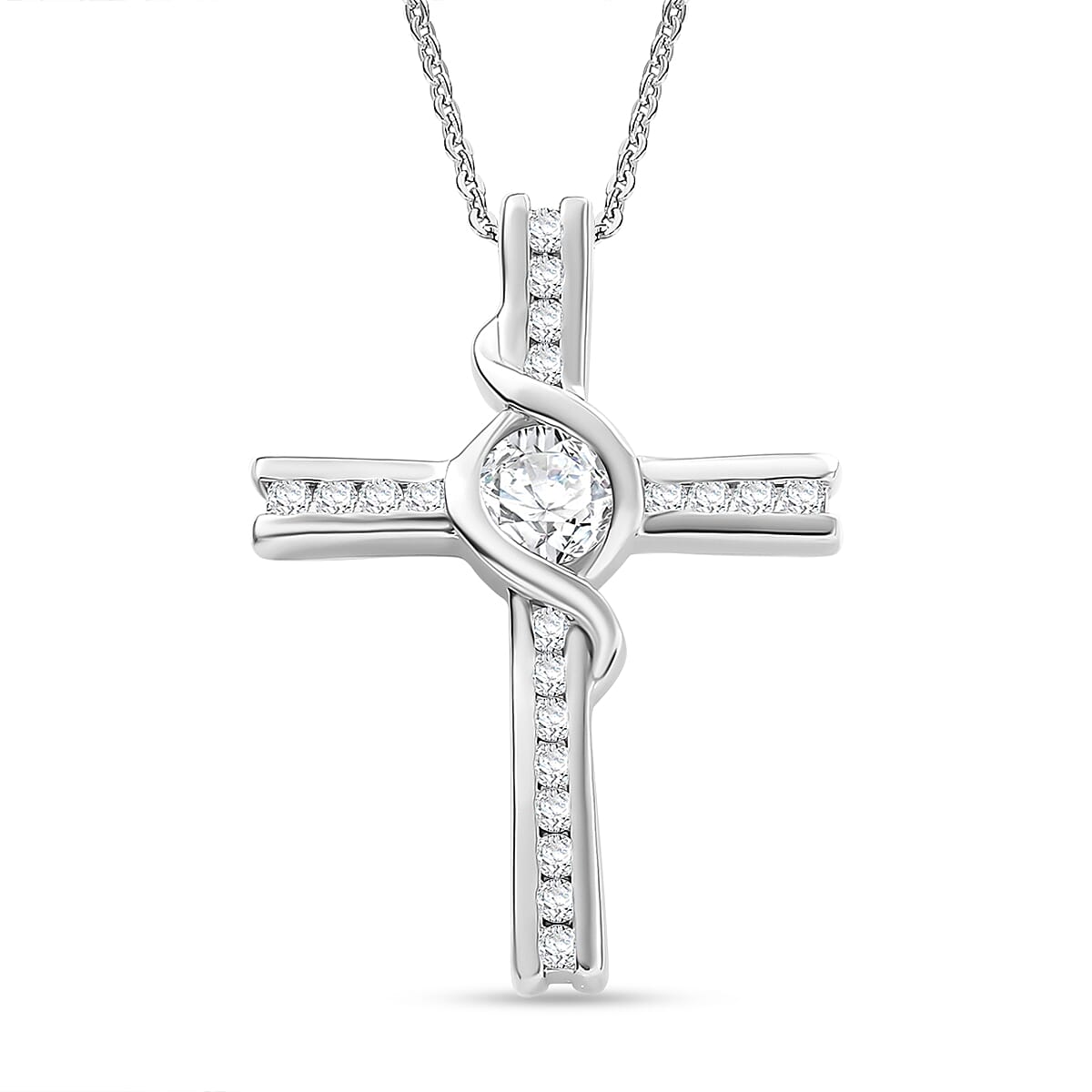 Moissanite Pendant with Chain (Size - 20) in Rhodium Overlay Sterling Silver 0.84 Ct. Silver Wt. 6.45 Gms.