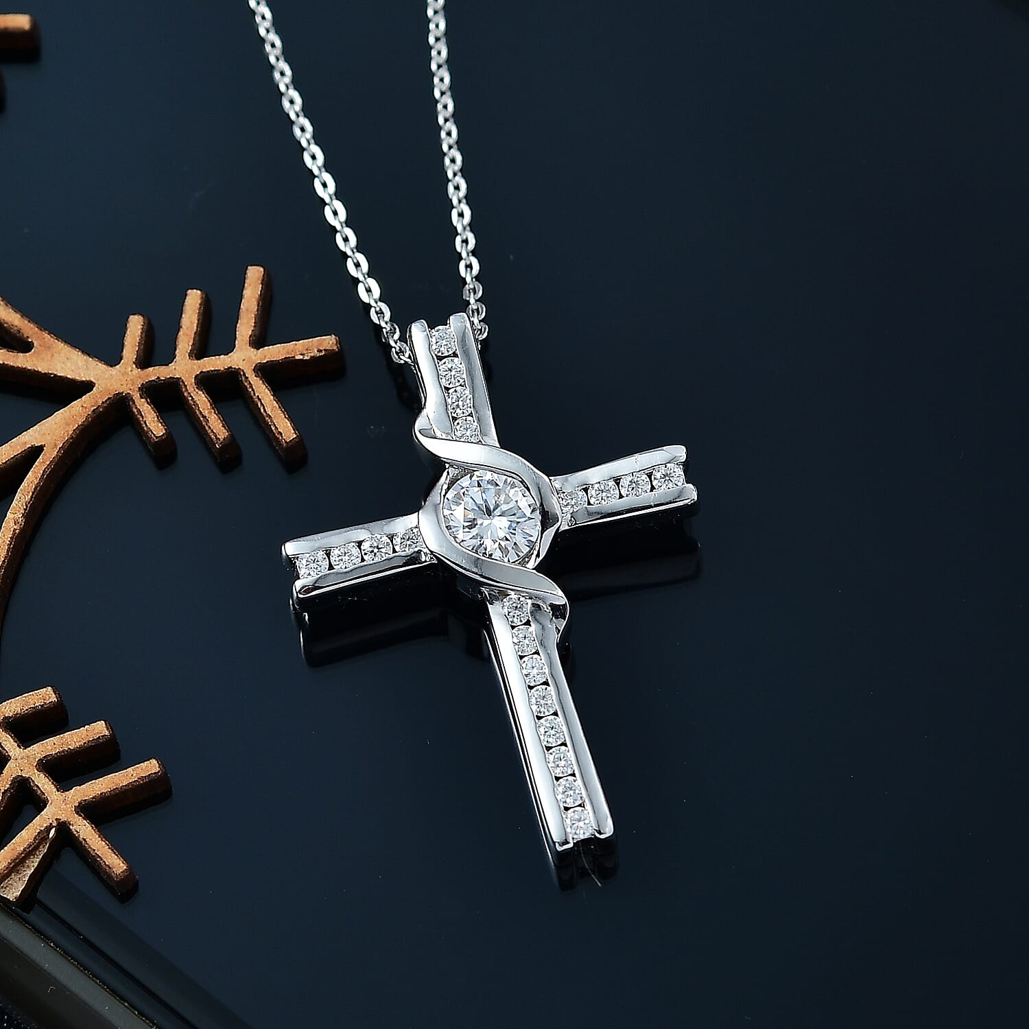 Moissanite Pendant with Chain (Size - 20) in Rhodium Overlay Sterling Silver 0.84 Ct. Silver Wt. 6.45 Gms.