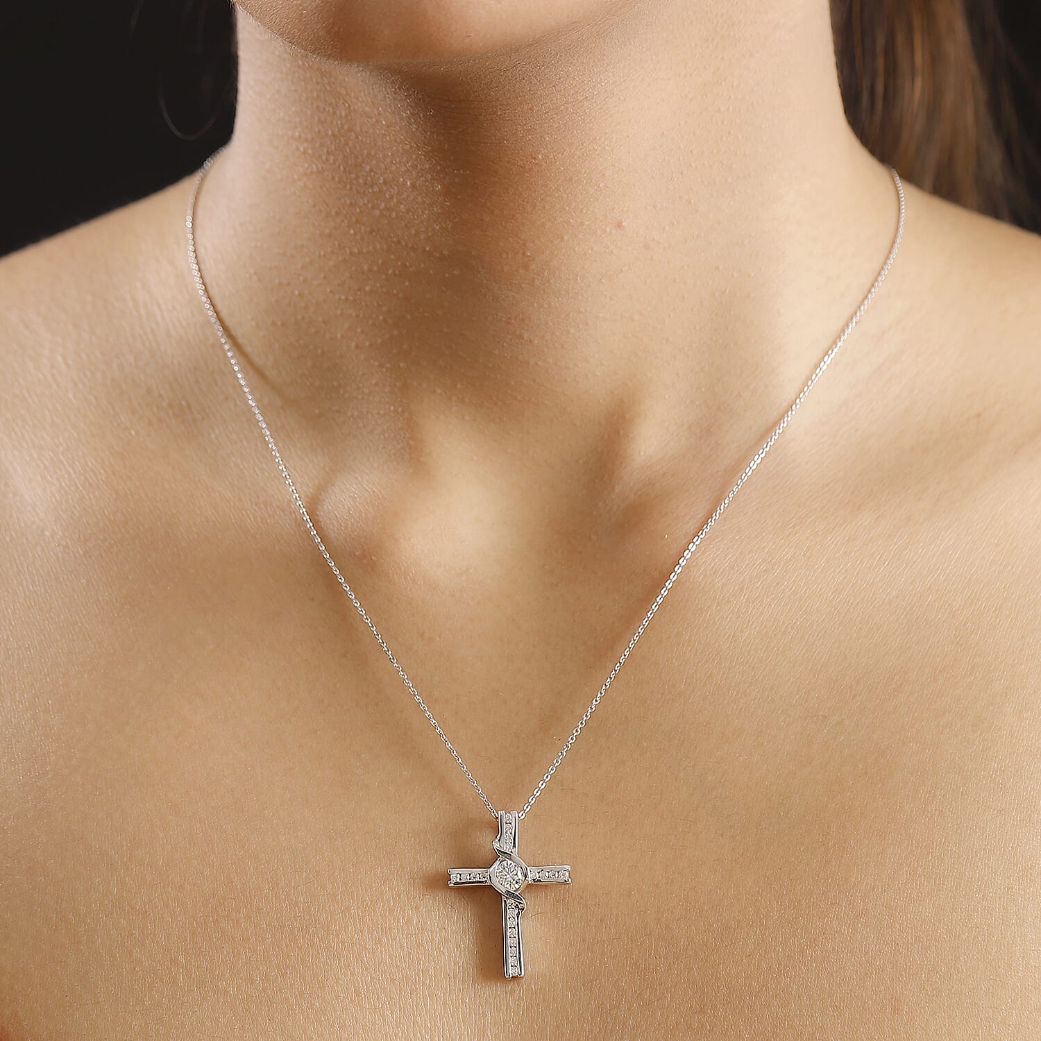 Moissanite Pendant with Chain (Size - 20) in Rhodium Overlay Sterling Silver 0.84 Ct. Silver Wt. 6.45 Gms.