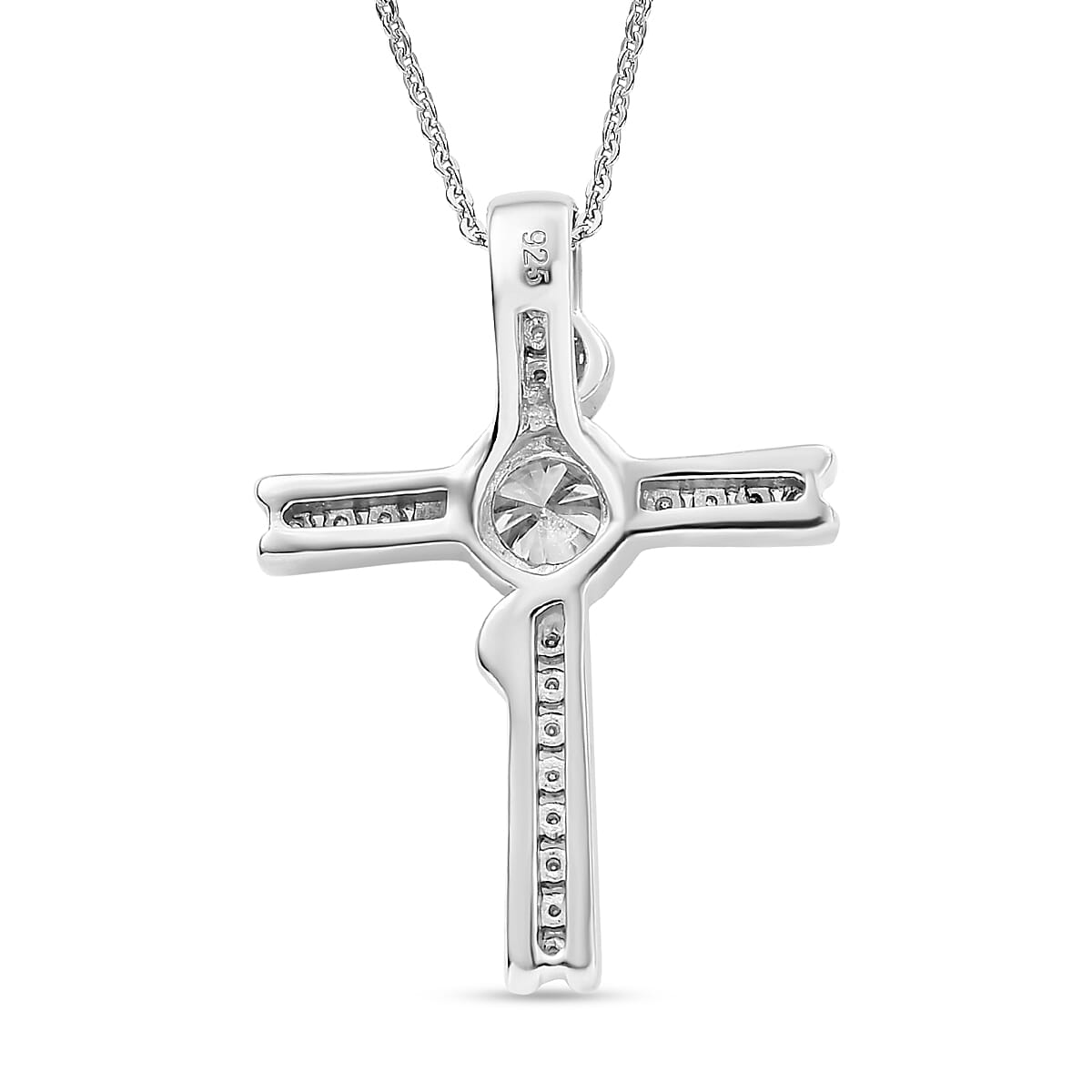 Moissanite Pendant with Chain (Size - 20) in Rhodium Overlay Sterling Silver 0.84 Ct. Silver Wt. 6.45 Gms.
