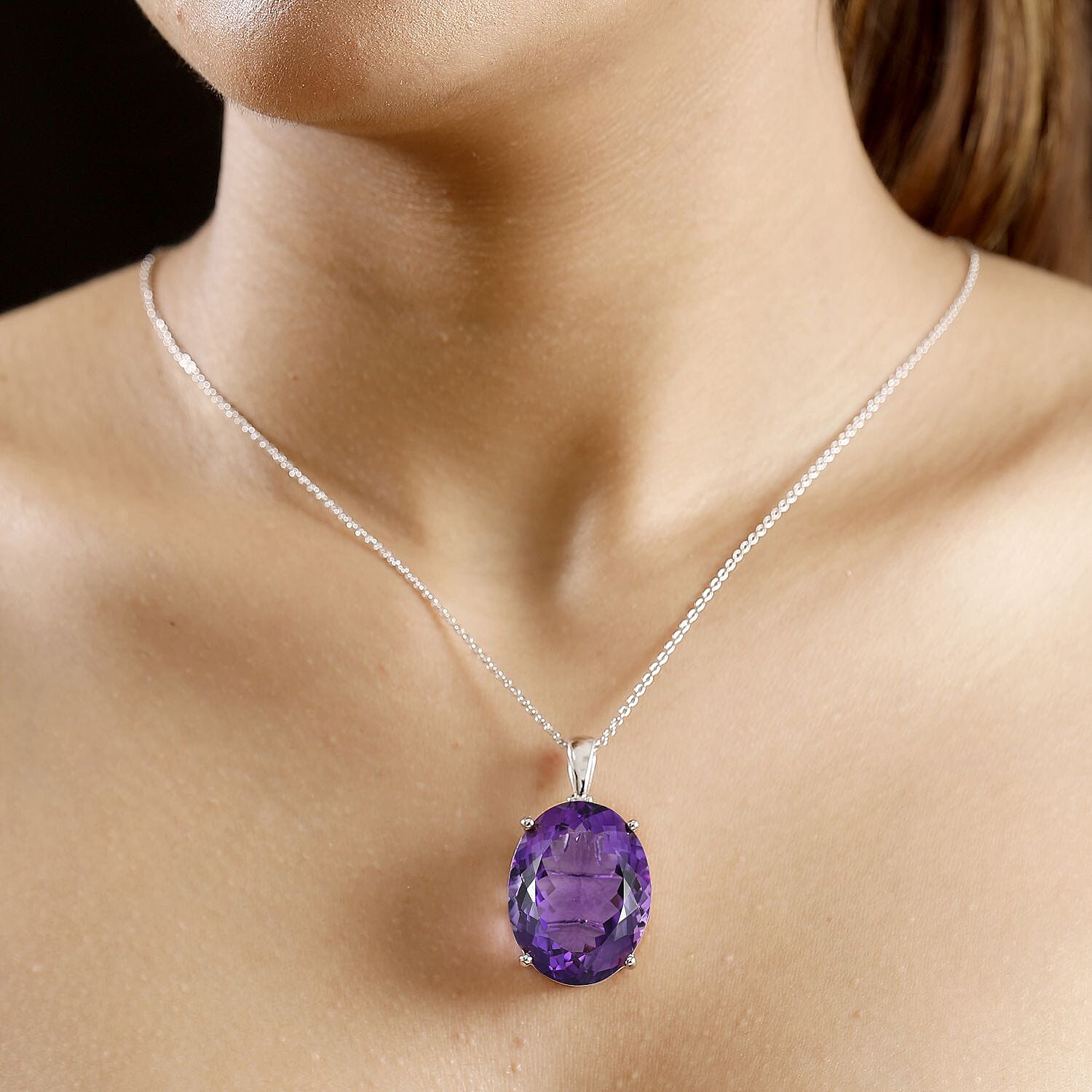 One Time Dea- African Amethyst Pendant with Chain (Size 20) in Rhodium Overlay Sterling Silver 50.00 Ct,