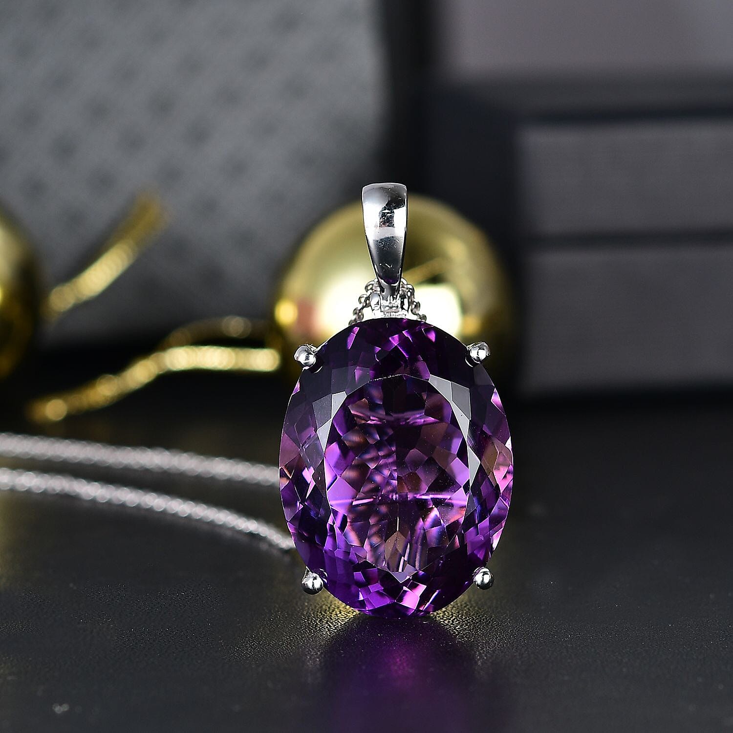 One Time Dea- African Amethyst Pendant with Chain (Size 20) in Rhodium Overlay Sterling Silver 50.00 Ct,