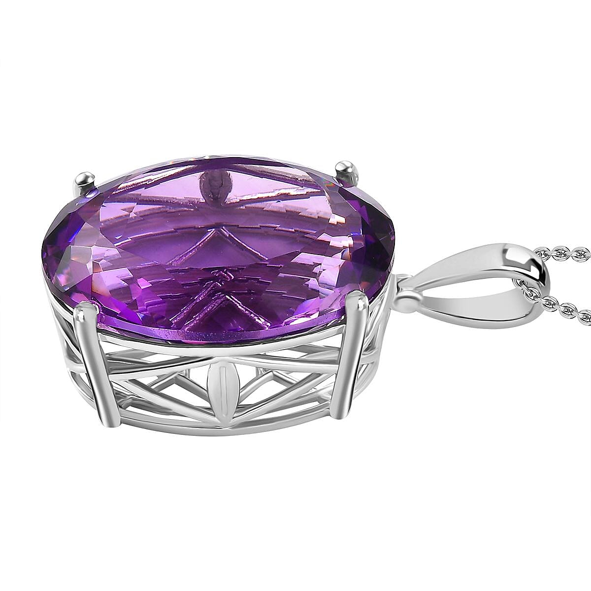 One Time Dea- African Amethyst Pendant with Chain (Size 20) in Rhodium Overlay Sterling Silver 50.00 Ct,