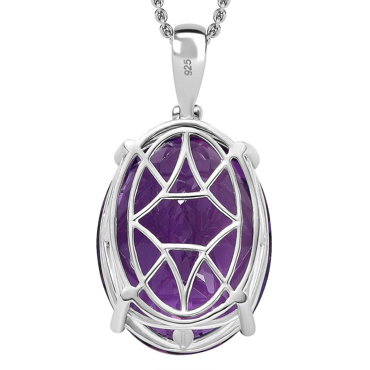 One Time Dea- African Amethyst Pendant with Chain (Size 20) in Rhodium Overlay Sterling Silver 50.00 Ct,