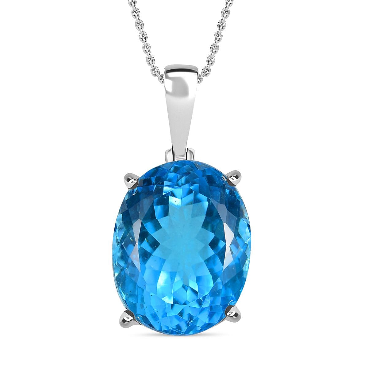 Skyblue Topaz Pendant with Chain (Size 20) in Rhodium Overlay Sterling Silver 50.00 Ct, Silver Wt. 6.00 Gms.