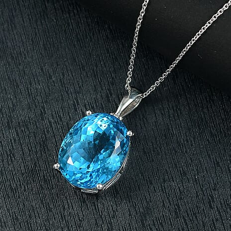 Skyblue Topaz Pendant with Chain (Size 20) in Rhodium Overlay Sterling Silver 50.00 Ct, Silver Wt. 6.00 Gms.