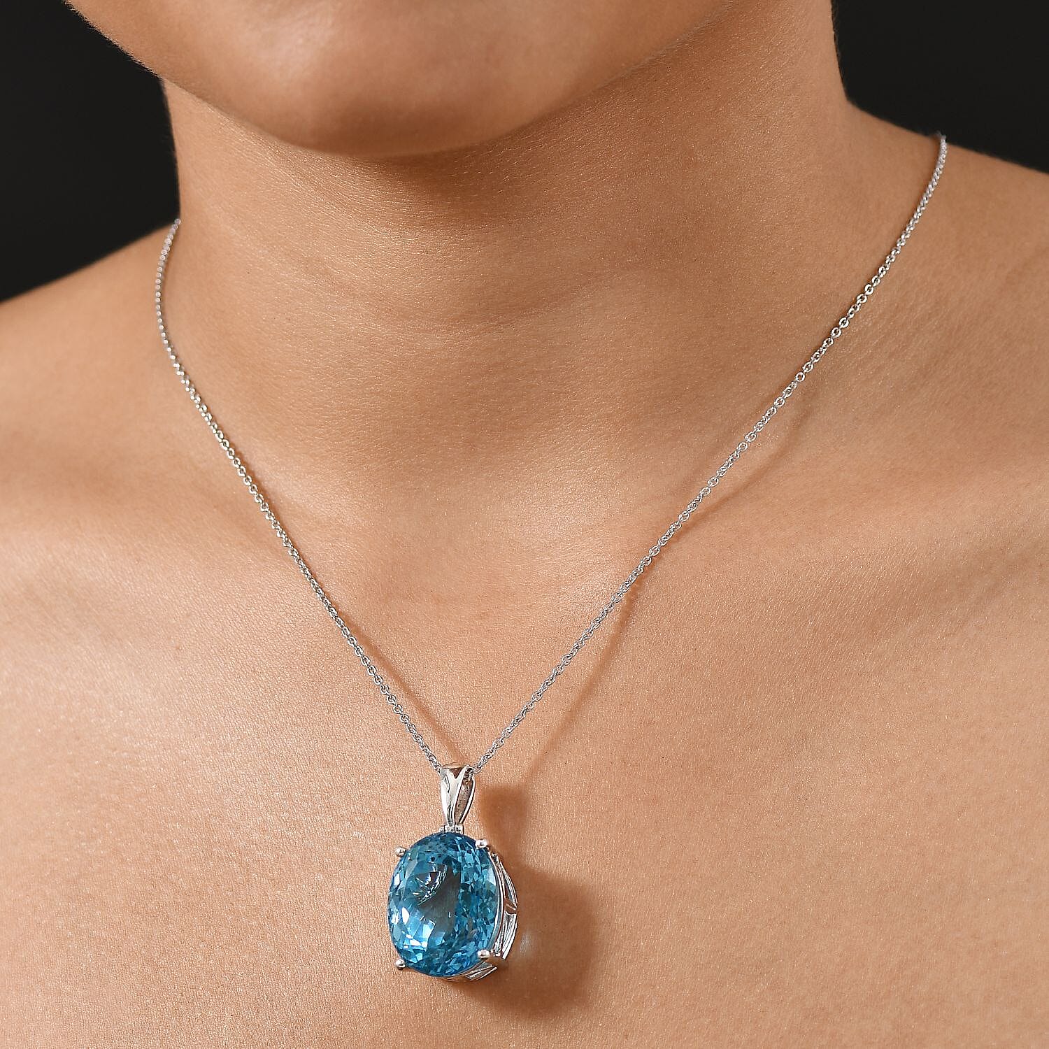 Skyblue Topaz Pendant with Chain (Size 20) in Rhodium Overlay Sterling Silver 50.00 Ct, Silver Wt. 6.00 Gms.