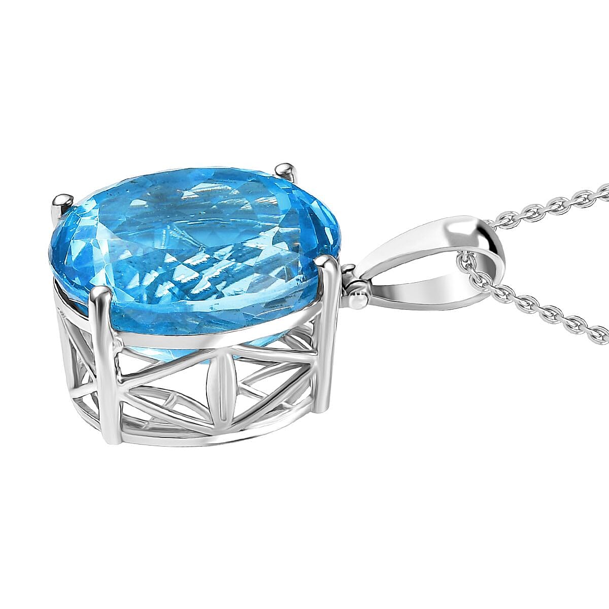 Skyblue Topaz Pendant with Chain (Size 20) in Rhodium Overlay Sterling Silver 50.00 Ct, Silver Wt. 6.00 Gms.