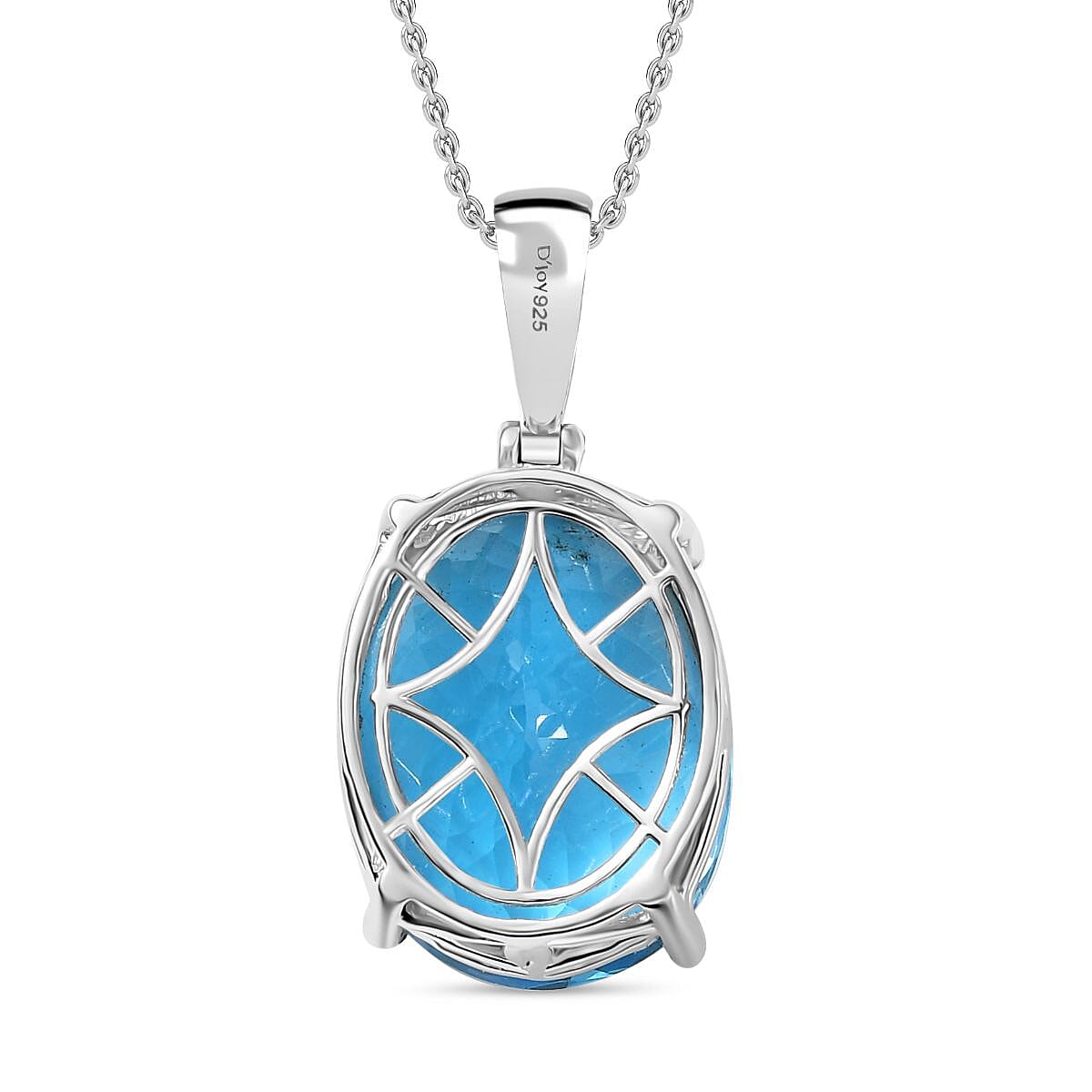 Skyblue Topaz Pendant with Chain (Size 20) in Rhodium Overlay Sterling Silver 50.00 Ct, Silver Wt. 6.00 Gms.