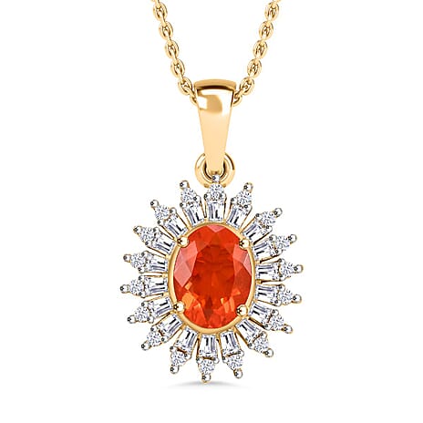 Salamanca Fire Opal & Moissanite Pendant with Chain (Size - 20) in 18K Vermeil Yellow Gold Plated Sterling Silver 1.44 Ct.