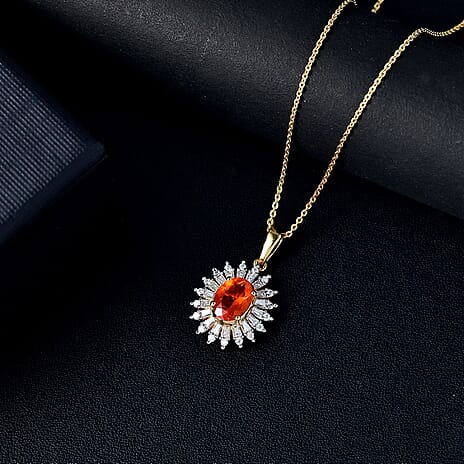 Salamanca Fire Opal & Moissanite Pendant with Chain (Size - 20) in 18K Vermeil Yellow Gold Plated Sterling Silver 1.44 Ct.