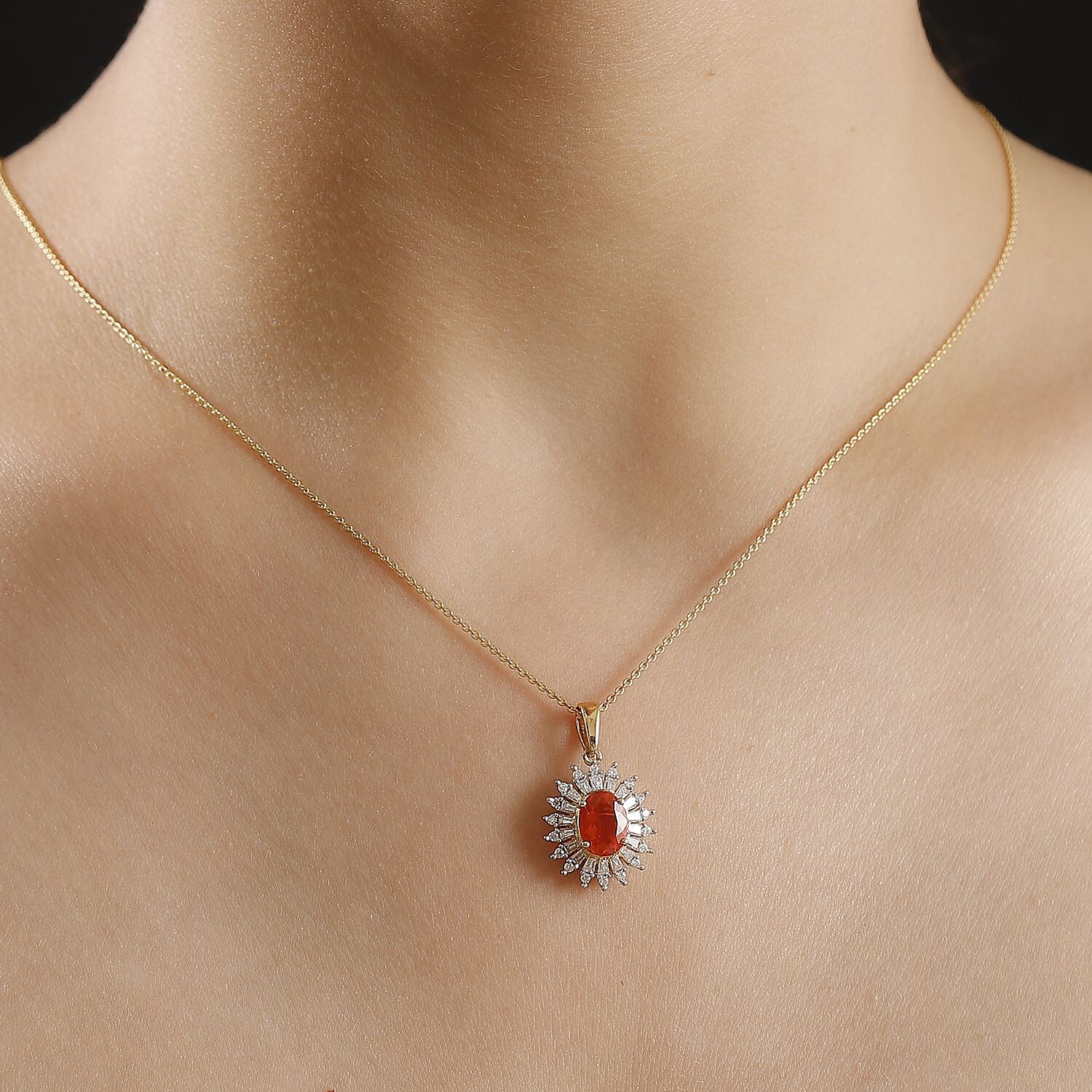 Salamanca Fire Opal & Moissanite Pendant with Chain (Size - 20) in 18K Vermeil Yellow Gold Plated Sterling Silver 1.44 Ct.