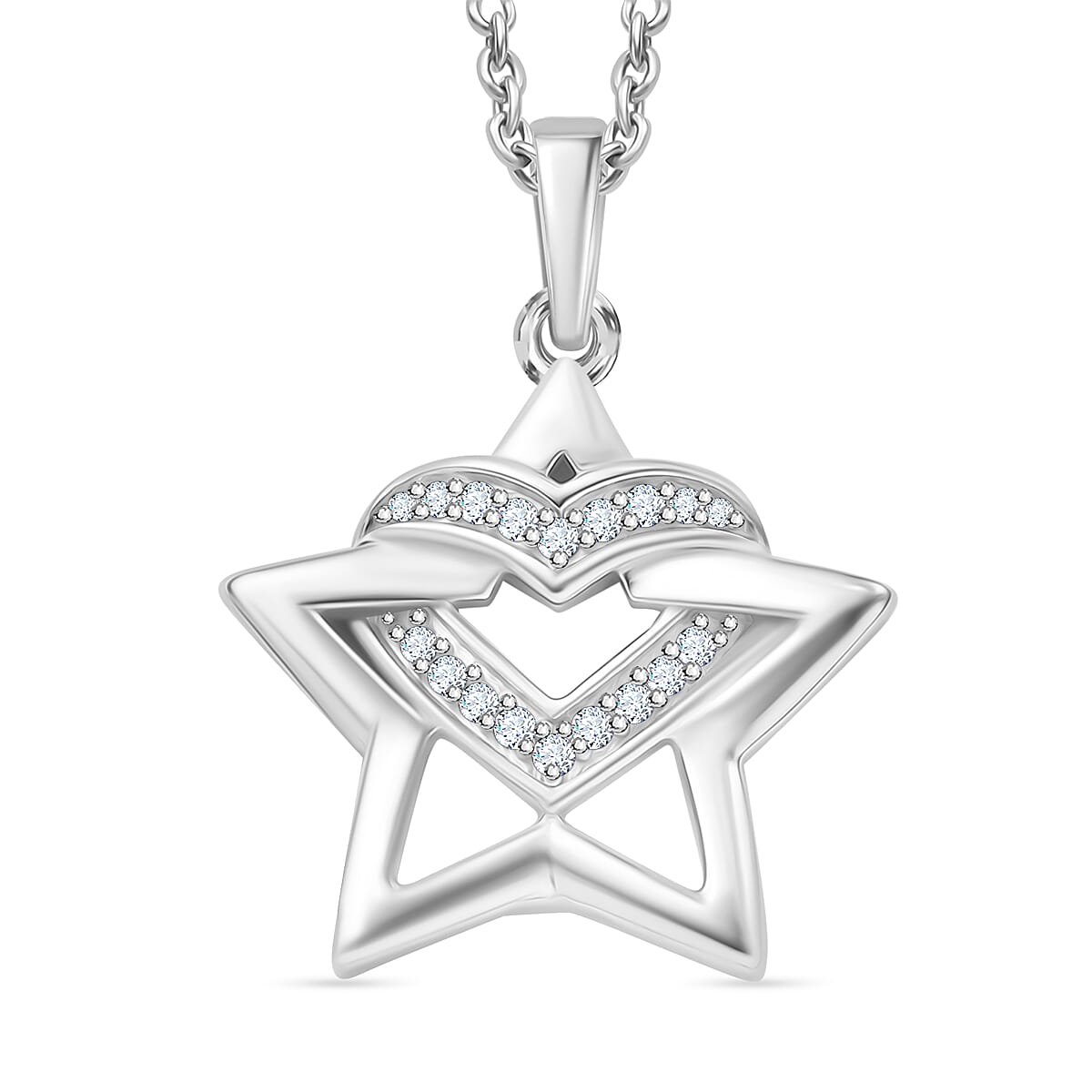 GP Celestial Collection - White Diamond & Blue Sapphire Pendant with Chain (Size - 20) in Rhodium Overlay Sterling Silver