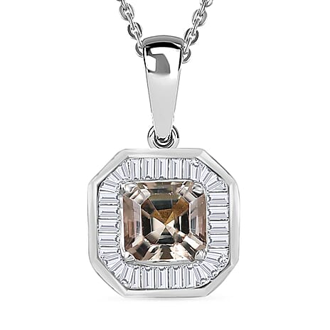 AAA Asscher Cut Turkizite & Natural White Diamond Pendant with Chain (Size - 20) in Rhodium Overlay Sterling Silver 1.94 Ct.