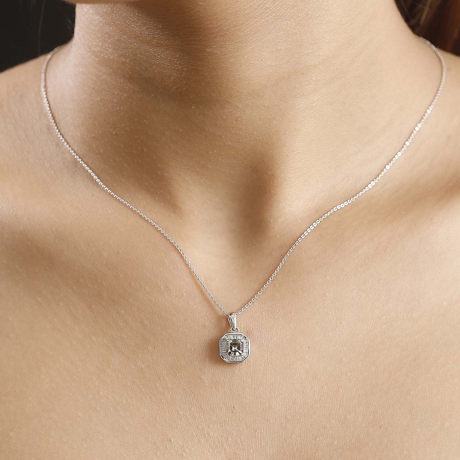 AAA Asscher Cut Turkizite & Natural White Diamond Pendant with Chain (Size - 20) in Rhodium Overlay Sterling Silver 1.94 Ct.