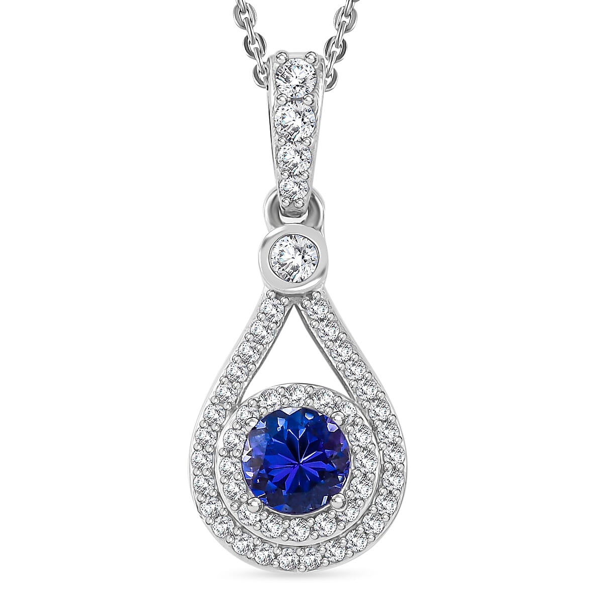 Tanzanite & White Zircon Pendant with Chain (Size - 20) in Rhodium Overlay Sterling Silver 1.59 Ct.