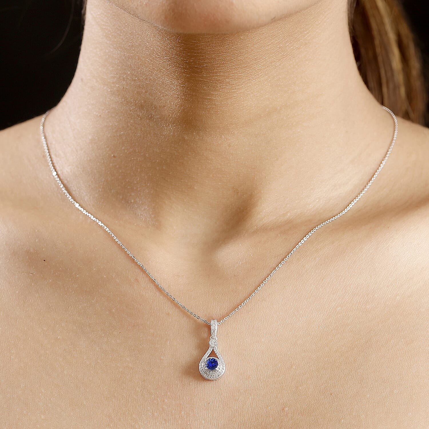Tanzanite & White Zircon Pendant with Chain (Size - 20) in Rhodium Overlay Sterling Silver 1.59 Ct.