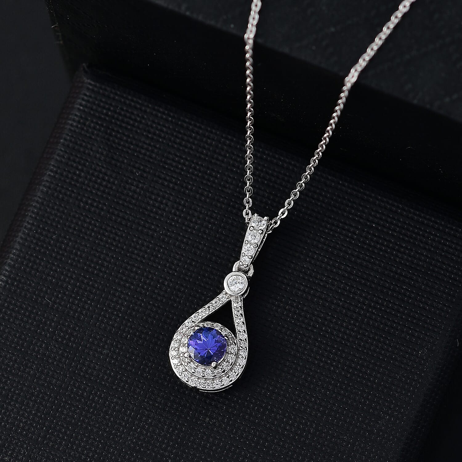 Tanzanite & White Zircon Pendant with Chain (Size - 20) in Rhodium Overlay Sterling Silver 1.59 Ct.
