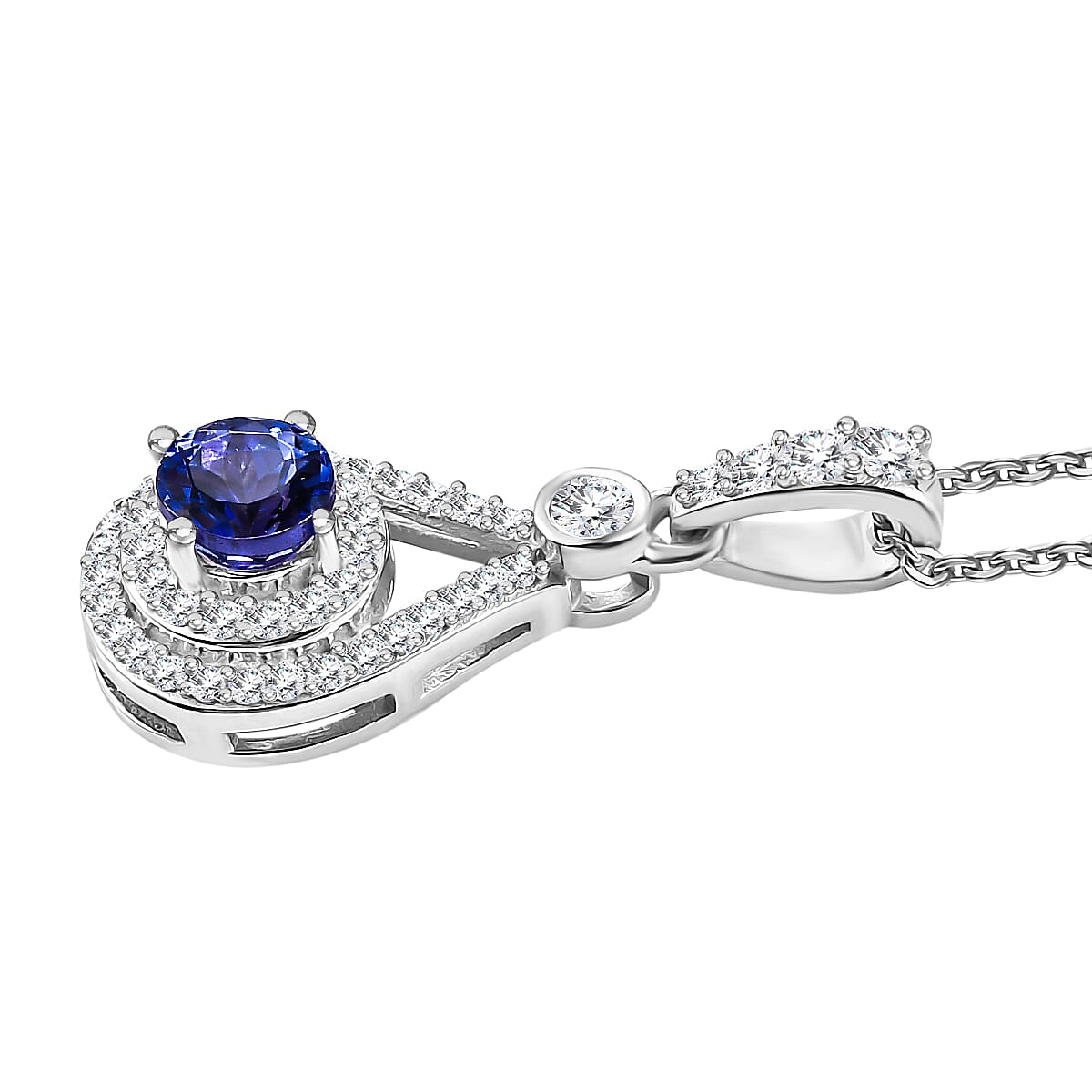 Tanzanite & White Zircon Pendant with Chain (Size - 20) in Rhodium Overlay Sterling Silver 1.59 Ct.