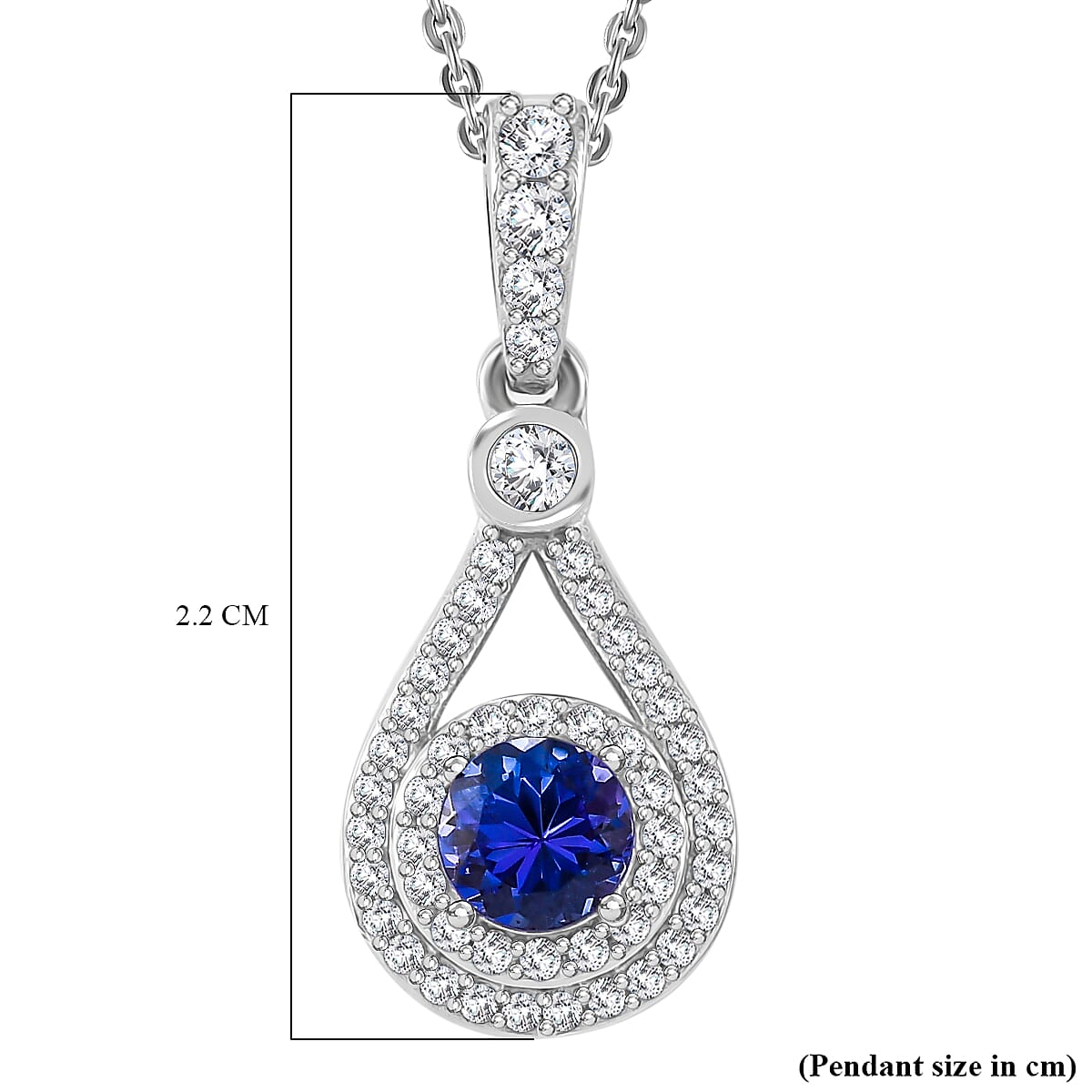 Tanzanite & White Zircon Pendant with Chain (Size - 20) in Rhodium Overlay Sterling Silver 1.59 Ct.