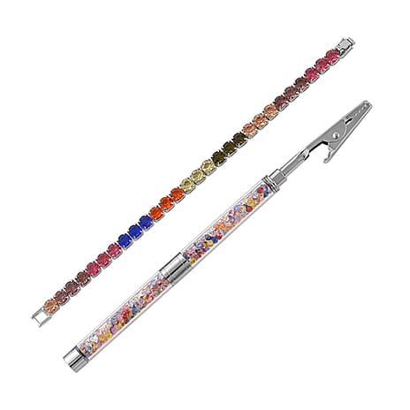 2 Piece Set - Austrian Multi Colour Crystal Bracelet (Size - 7.5) with Bracelet Buddy in Silver Tone 70.00 Ct.