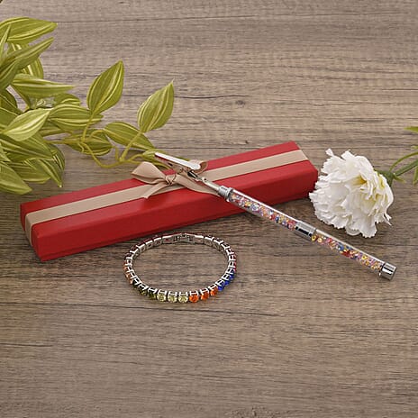 2 Piece Set - Austrian Multi Colour Crystal Bracelet (Size - 7.5) with Bracelet Buddy in Silver Tone 70.00 Ct.