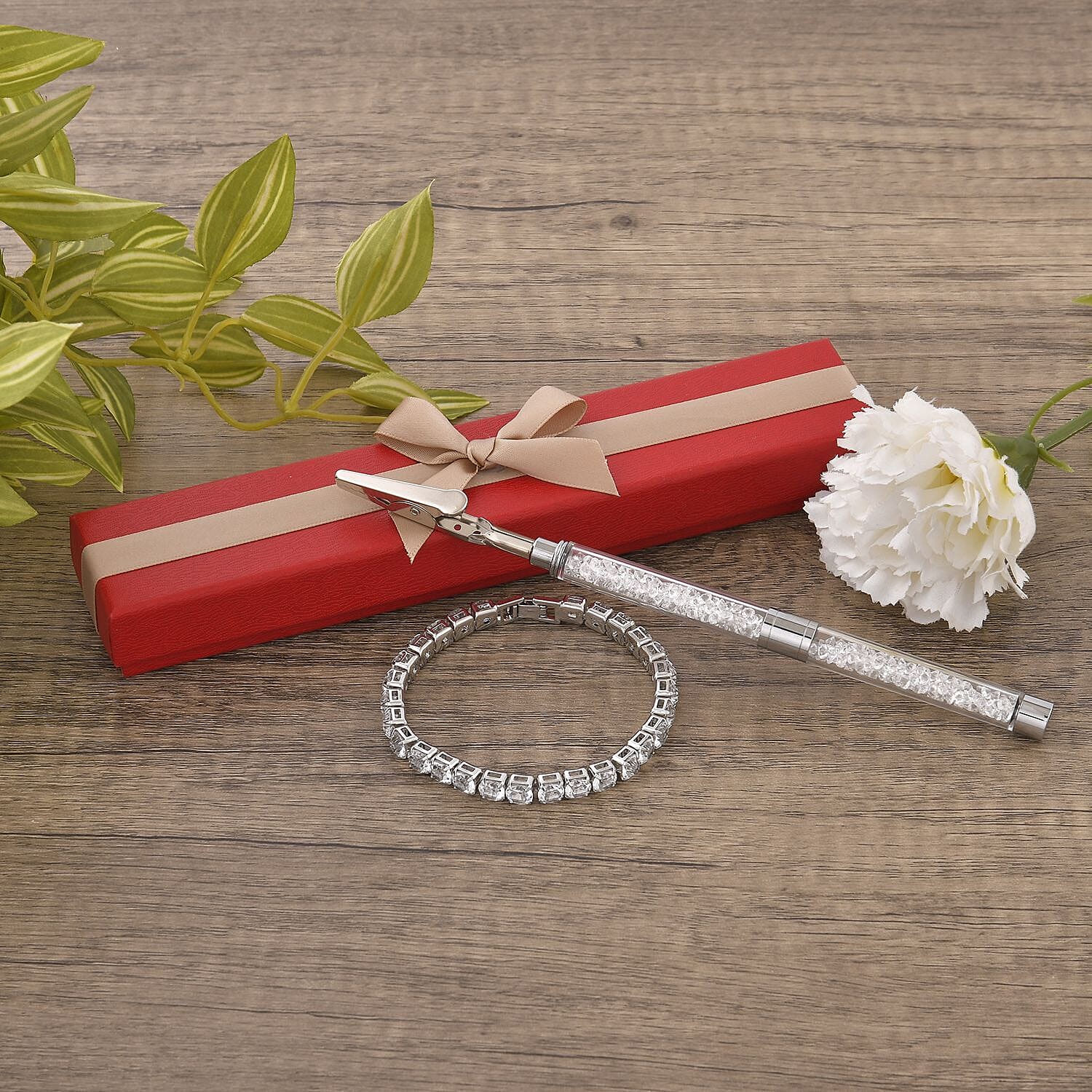 2 Piece Set - Austrian White Crystal Bracelet (Size - 7.5) with Bracelet Buddy in Silver Tone 70.00 Ct.