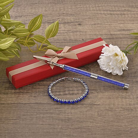 2 Piece Set - Blue Sapphire & Austrian Crystal Bracelet (Size - 7.5) with Bracelet Buddy in Silver Tone 70.00 Ct.